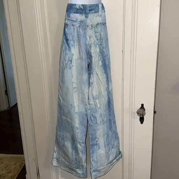 Vintage 70s Mambro Girls Blue Tie-Dye Bell Bottom Cuffed Jeans with Silver Studs - Picture 6 of 10